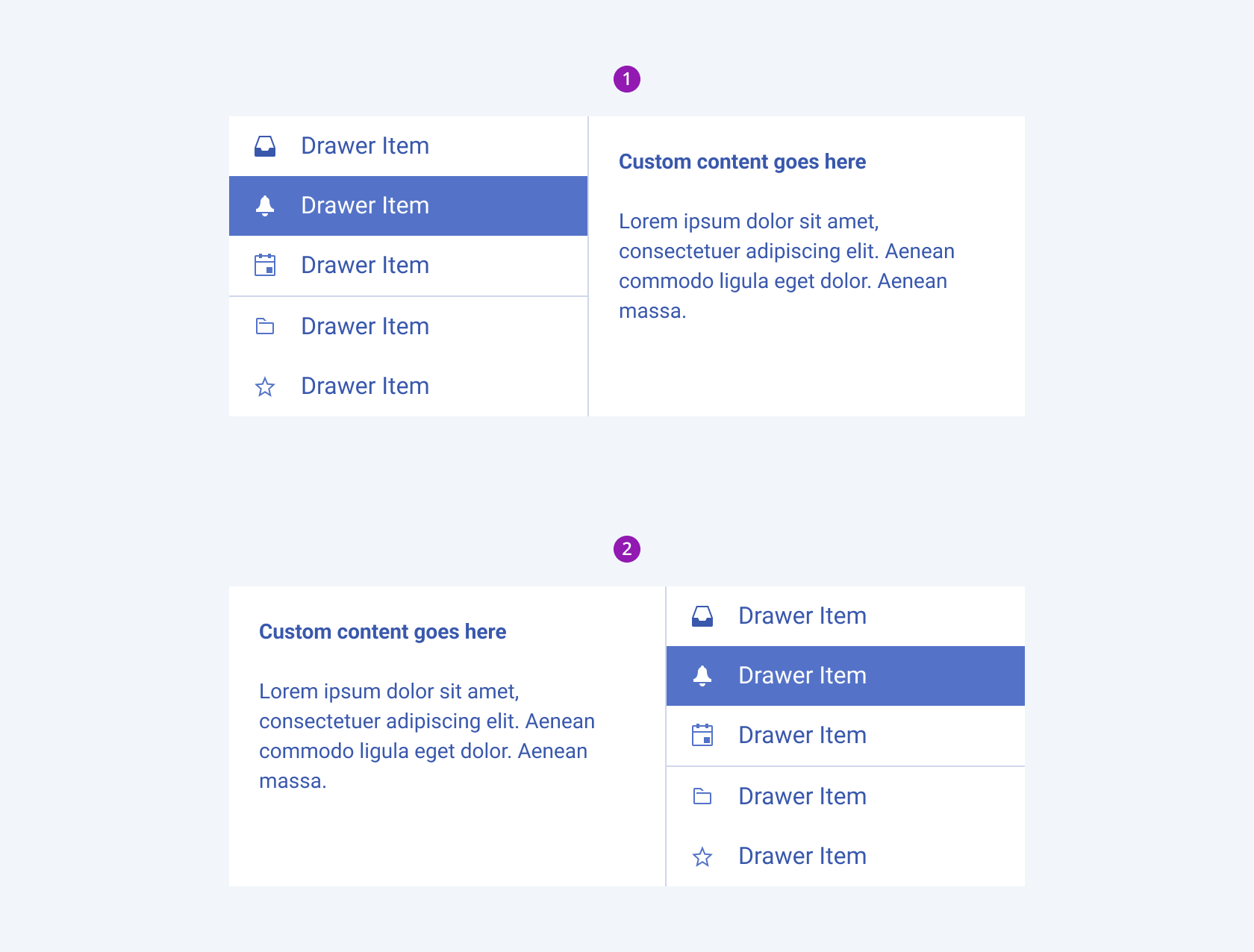 Position variants of a Telerik and Kendo UI Drawer component A Telerik and Kendo UI Drawer component position variants