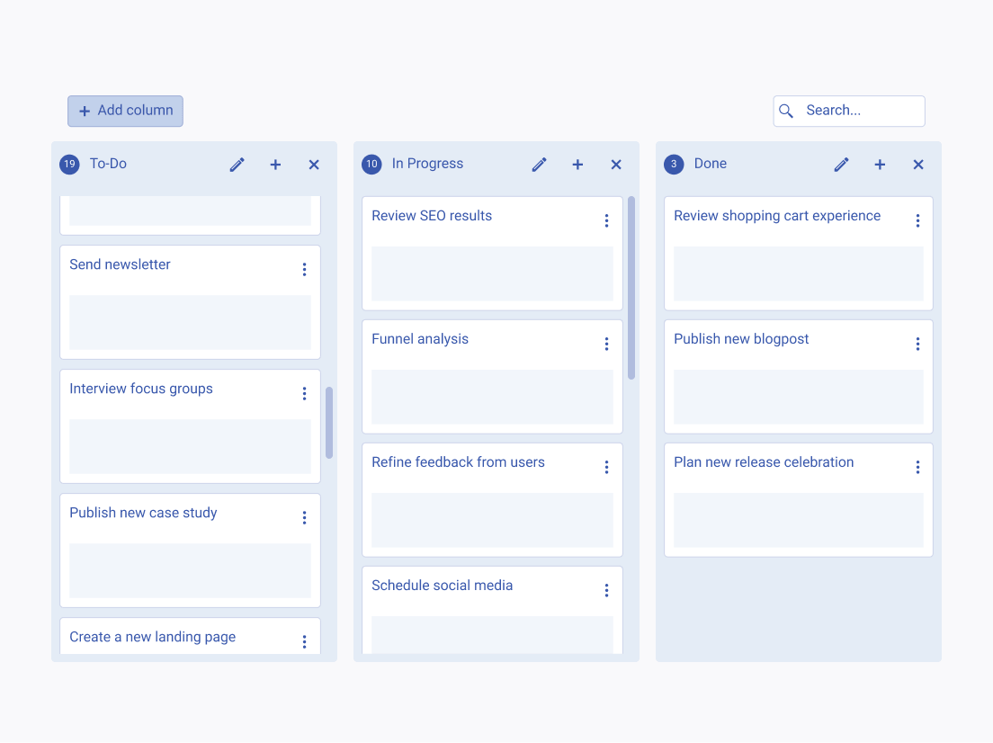 Use the Telerik and Kendo UI TaskBoard with a Badge in the column header. A Telerik and Kendo UI TaskBoard that utilizes a Badge