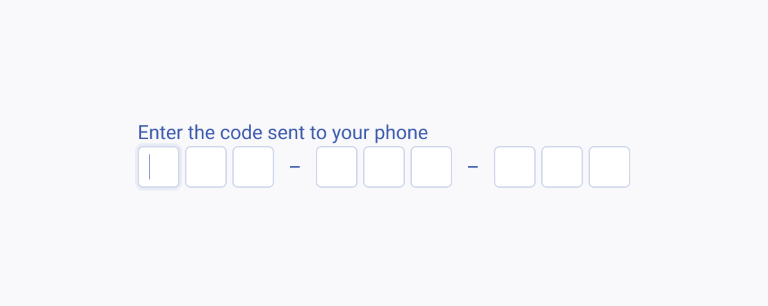 Use a Telerik and Kendo UI OTP Input with separators to divide multiple inputs into logical groups. A Telerik and Kendo UI OTP Input with grouping and separator.