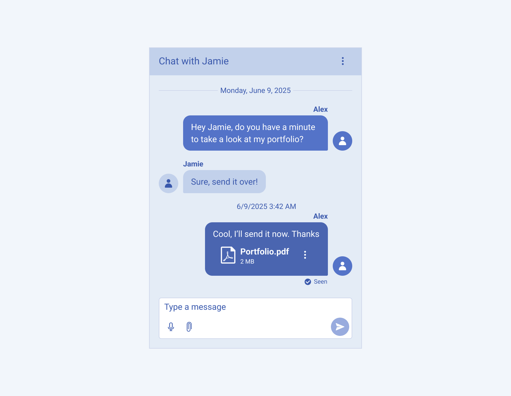 View of the Telerik and Kendo Chat component used for person-to-person conversation View of the Telerik and Kendo UI Chat component including a chat with message time and status