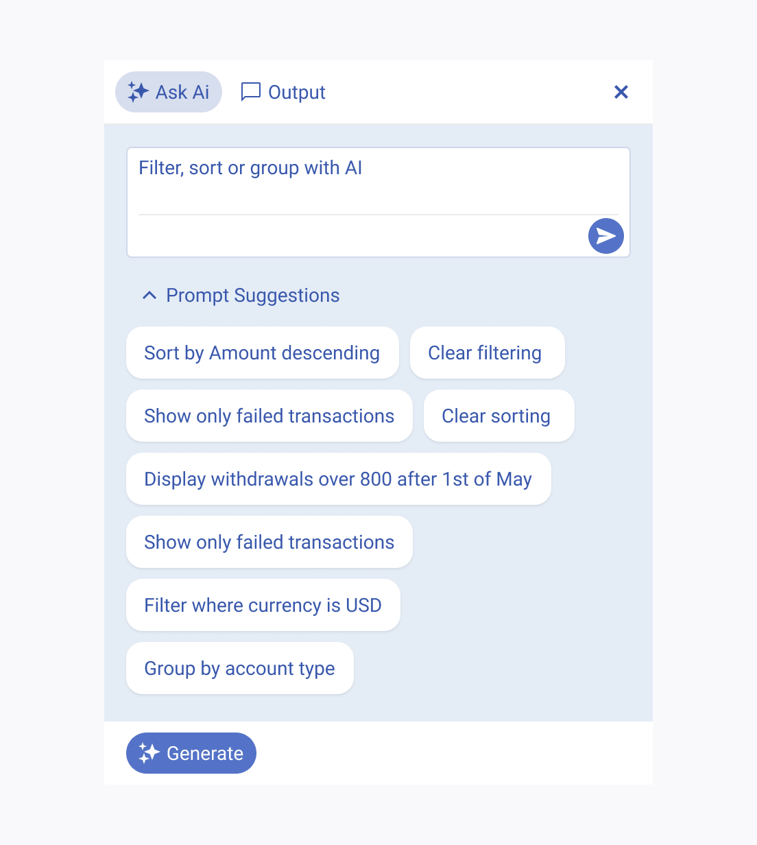 A Telerik and Kendo UI AIPrompt component with an overwhelming number of prompt suggestions.