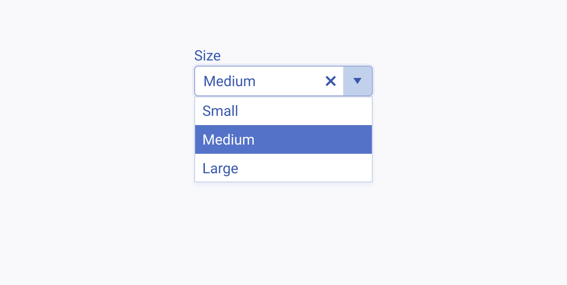 Do not use the Telerik and Kendo UI ComboBox with only a few options. A Telerik and Kendo UI ComboBox showing a short list of size options for user selection.