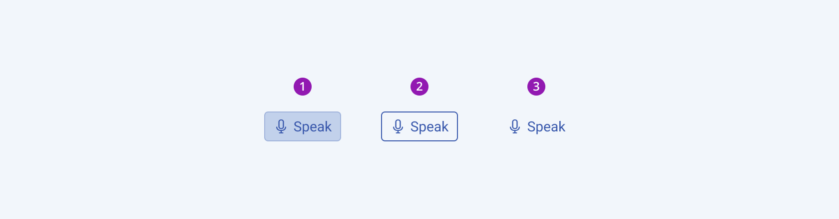 Available fill modes of the Telerik and Kendo UI SpeechToTextButton component including solid, outline, and flat fill modes. Three Telerik and Kendo UI SpeechToTextButton components demonstrating the solid, outline, and flat fill modes respectively.