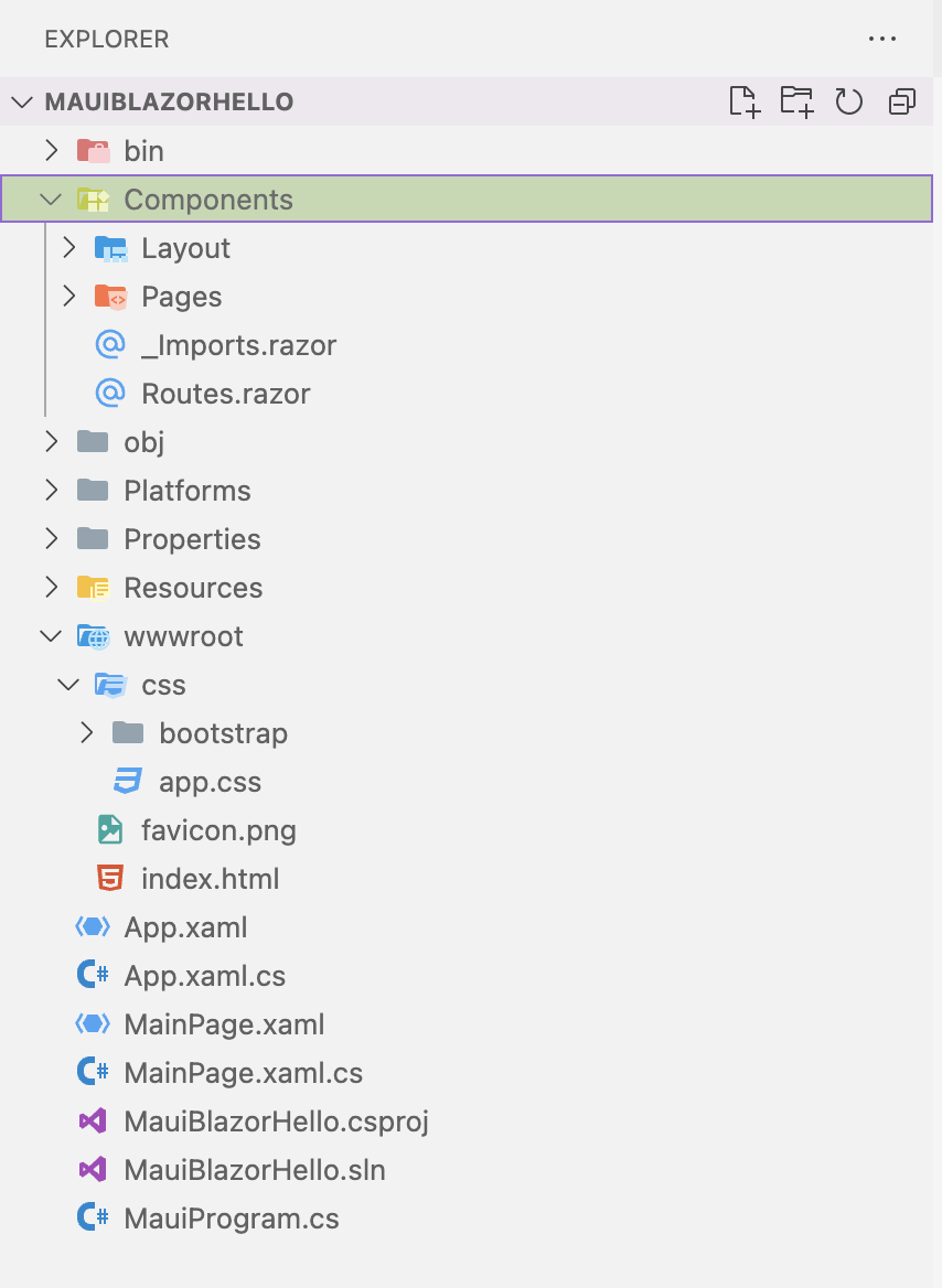 File explorer: MAUIBLAZORHELLO - components