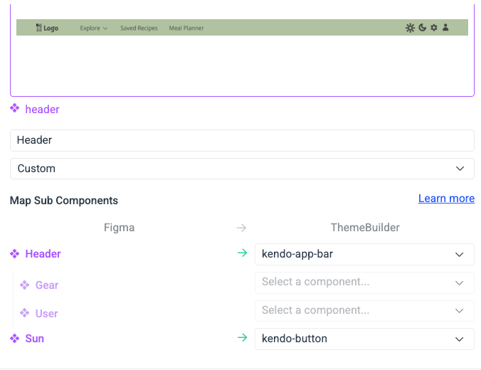 Screenshot of the subcomponent mapping screen in the Figma ThemeBuilder Plugin