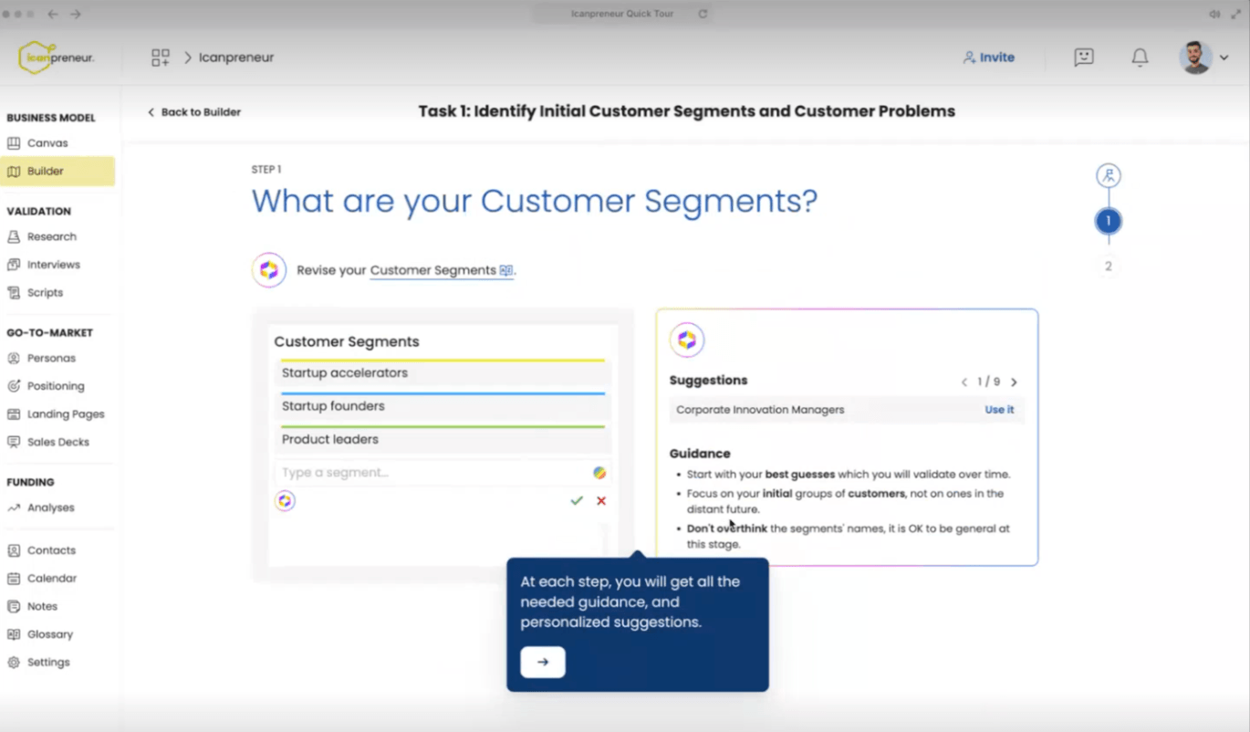 A screenshot of the Icanpreneur interface, built with KendoReact components