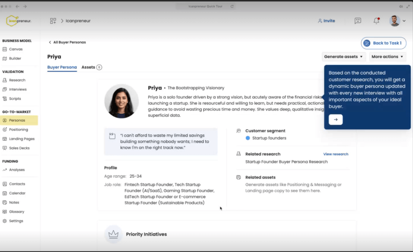 A screenshot of the Icanpreneur interface, built with KendoReact components