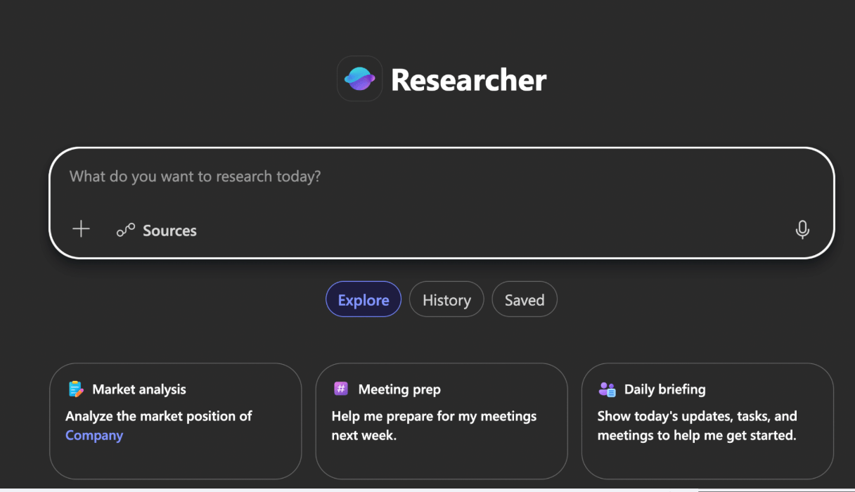 Microsoft 365 Copilot Researcher AI Chat UI 