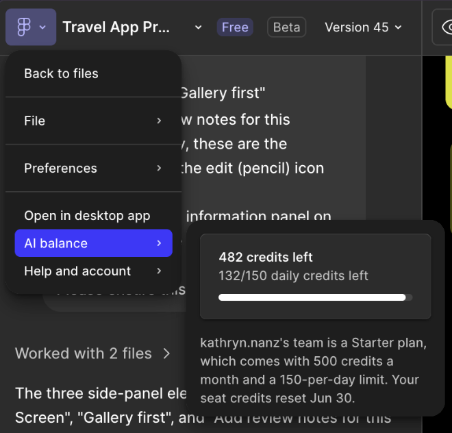 Figma's AI Balance token tracking meter