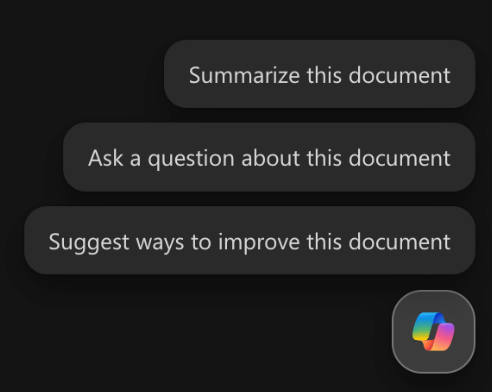 In-document contextual action prompts in Microsoft 365 Office Suite 