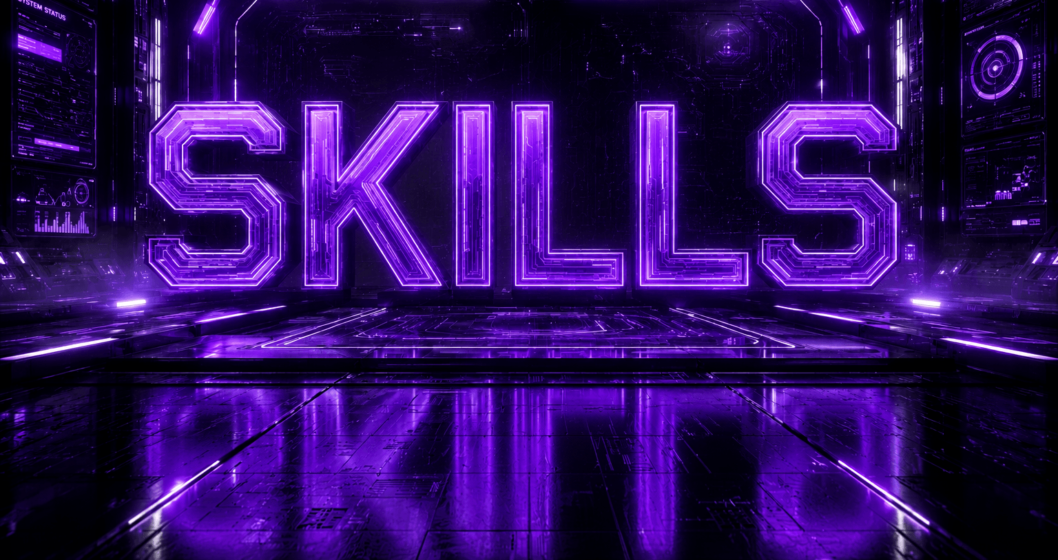 Skills in a tech-looking graphic in purple