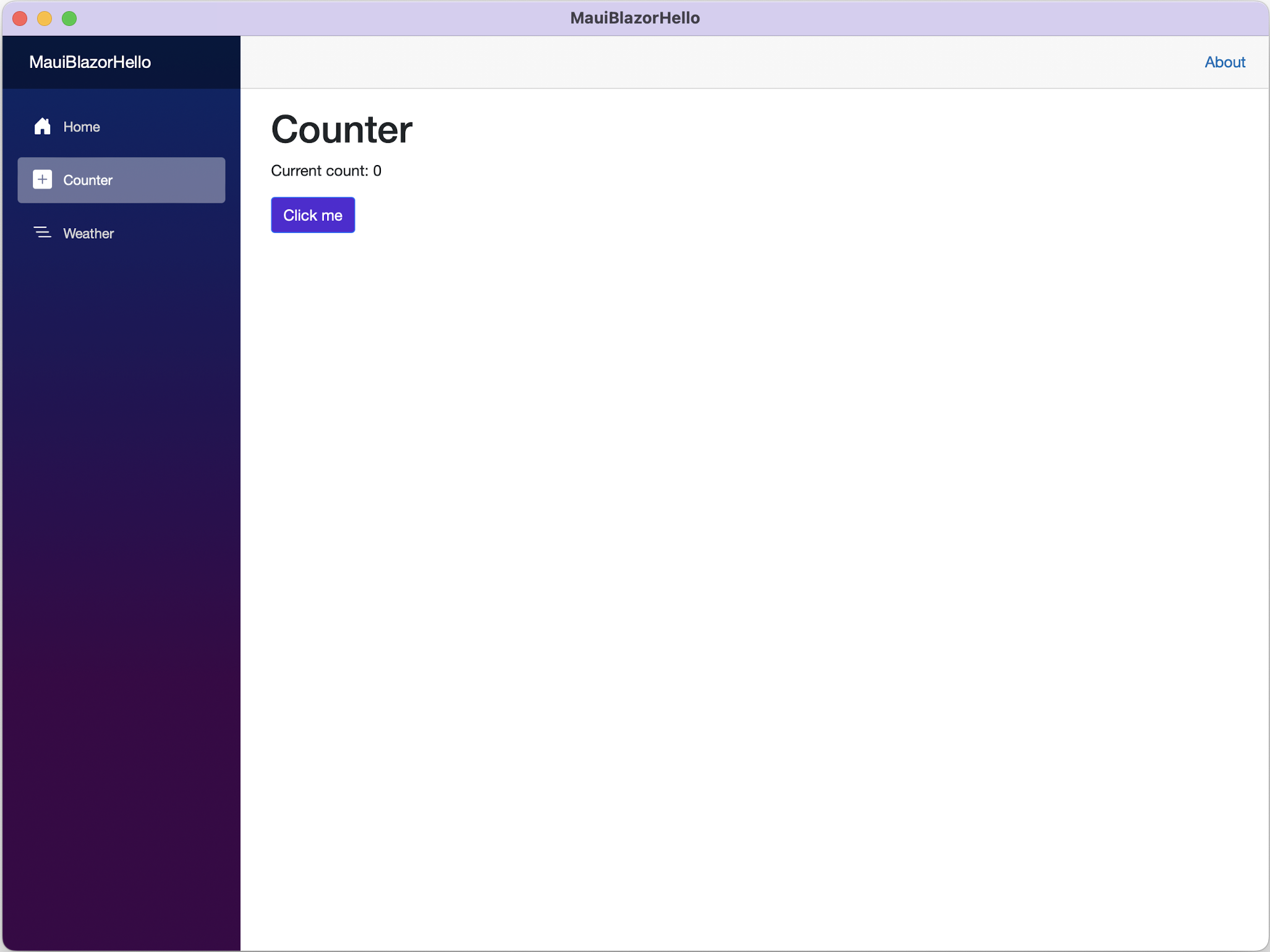Blazor app with purple click me button