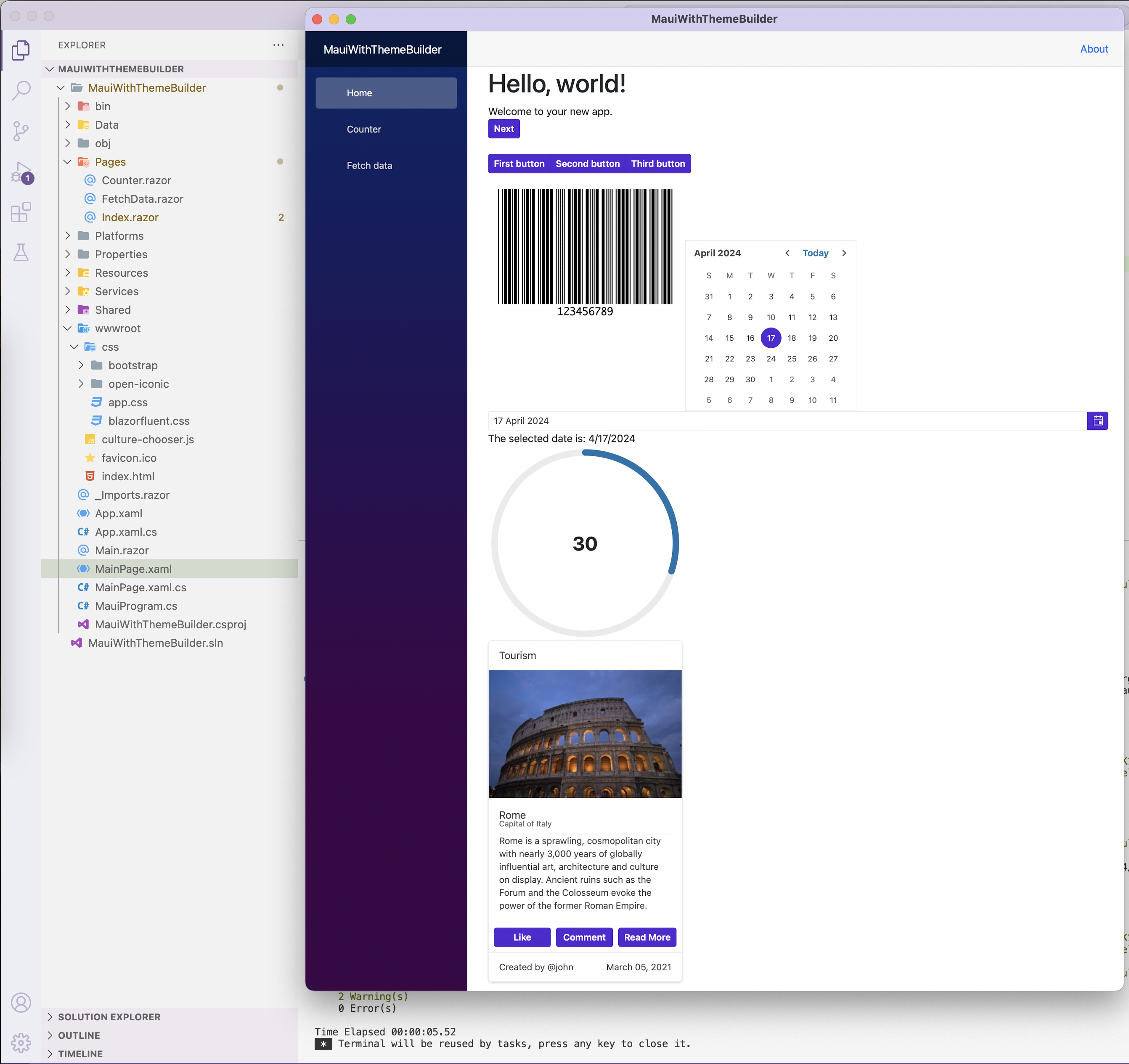 blazor Calendar, Button Group, DatePicker, Gauge, Card in .net MAUI