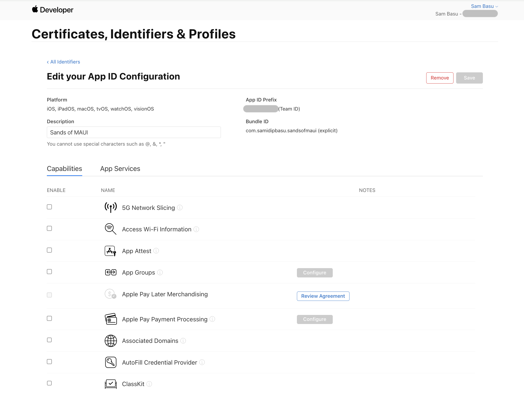 Certificates, identifiers, Profiles - edit your App ID Configuration