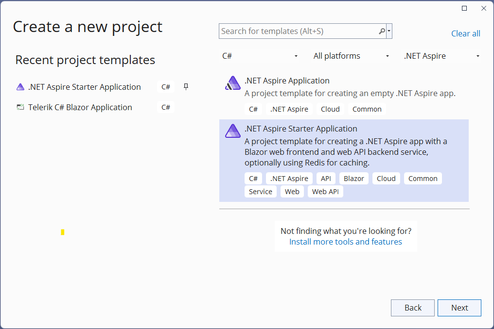 An application dialog box showing the option for creating a .NET Aspire app.