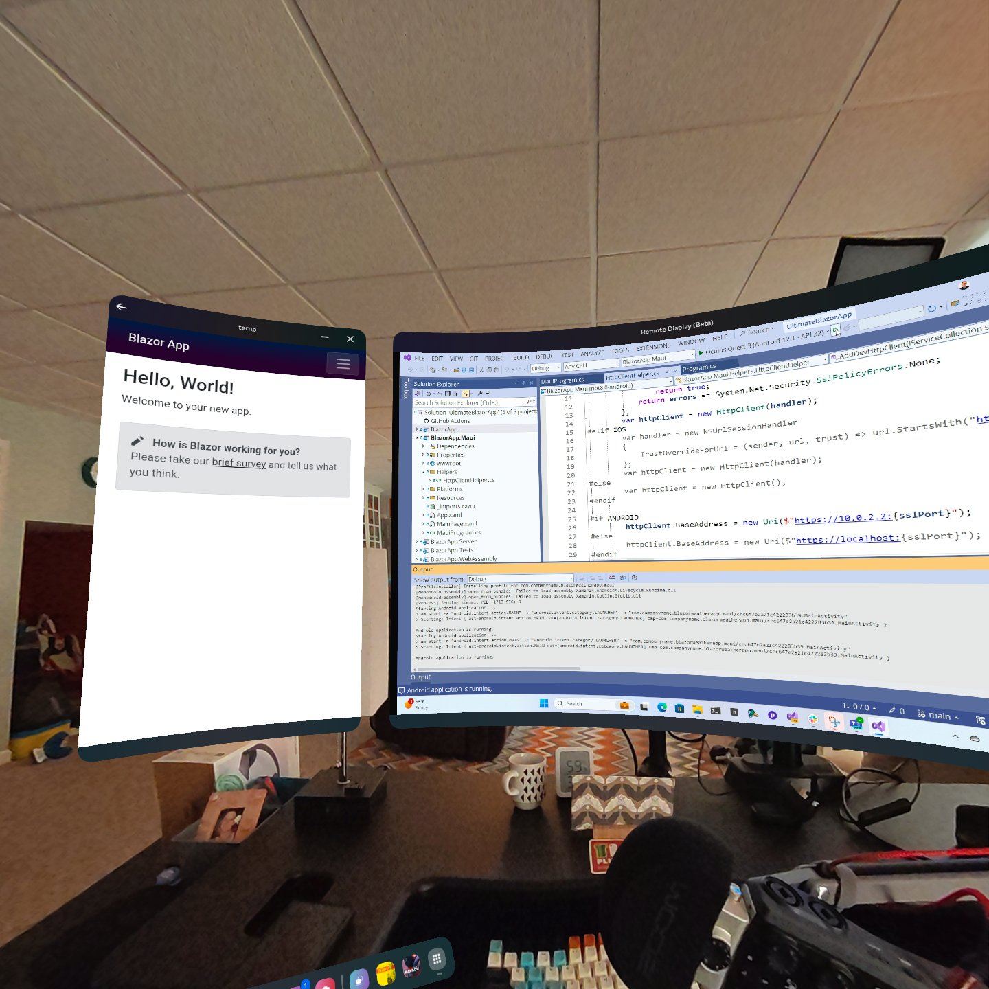 A Blazor app running in the Quest 3 Augmented Reality operating system. 2D apps are overlayed on top of the real-world using Augmented Reality.