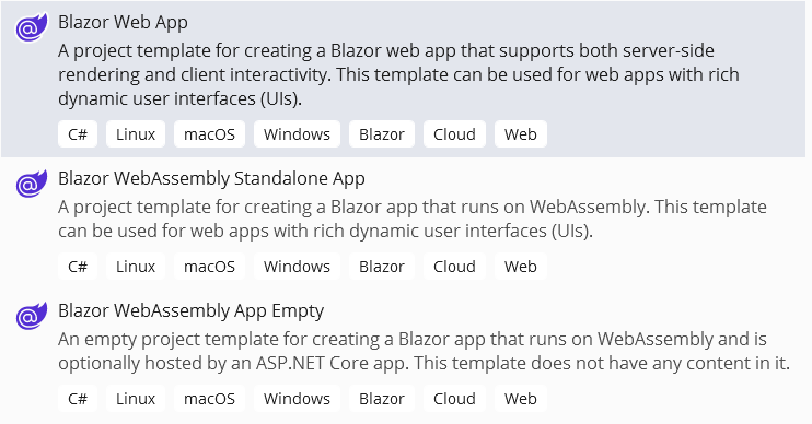 Blazor templates listed: Blazor Web App, Blazor WebAssembly Standalone App, and Blazor WebAssembly app Empty.