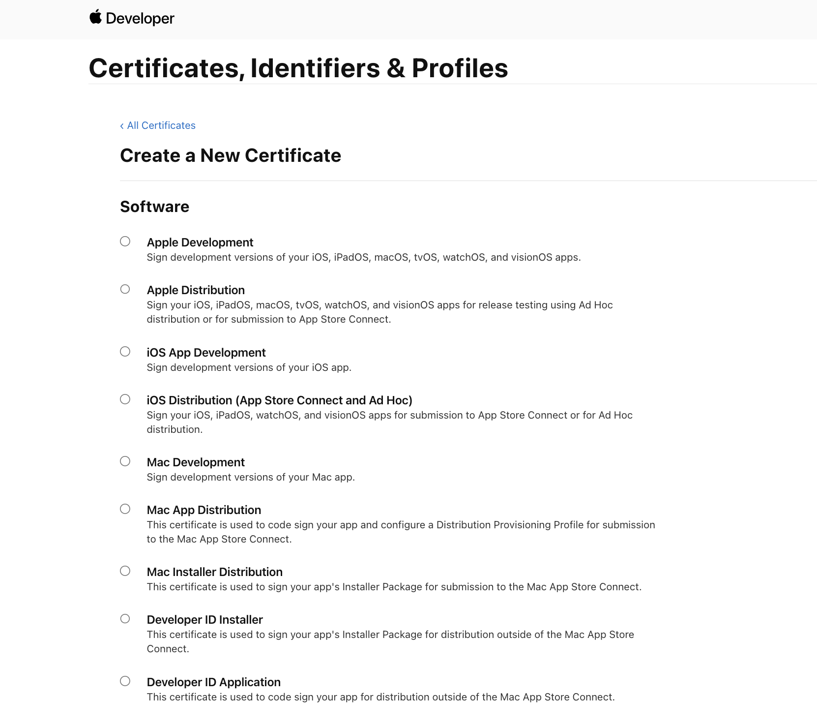 Apple Developer Certificates, identifiers, Profiles - Create a new certificate