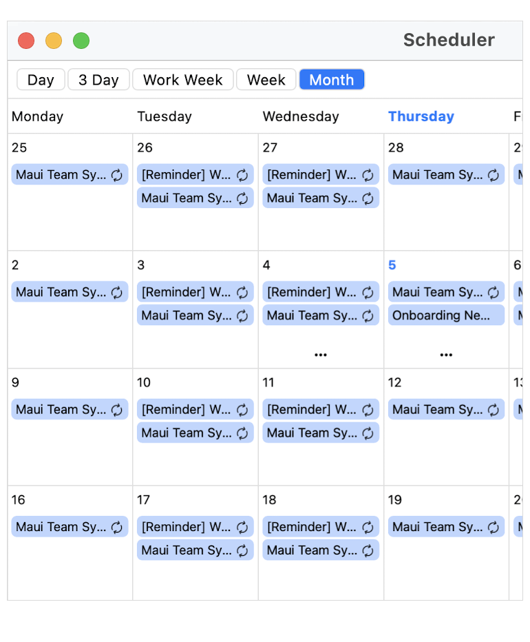 Telerik UI for NET MAUI Scheduler showing a MonthView