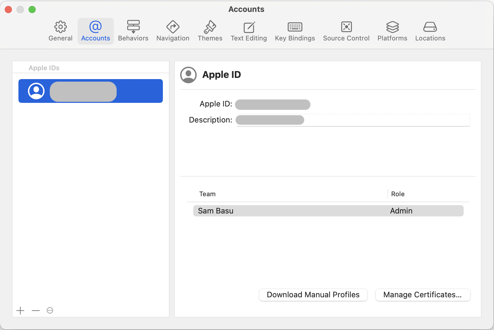 Accounts - Apple ID with buttons for download manual profiles and manage Certificates