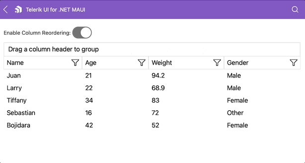 column being reordered by drag and drop