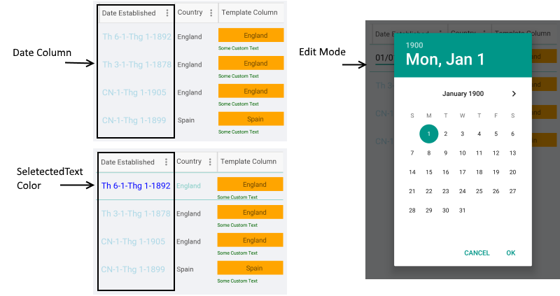 date column, selectedText color, edit mode