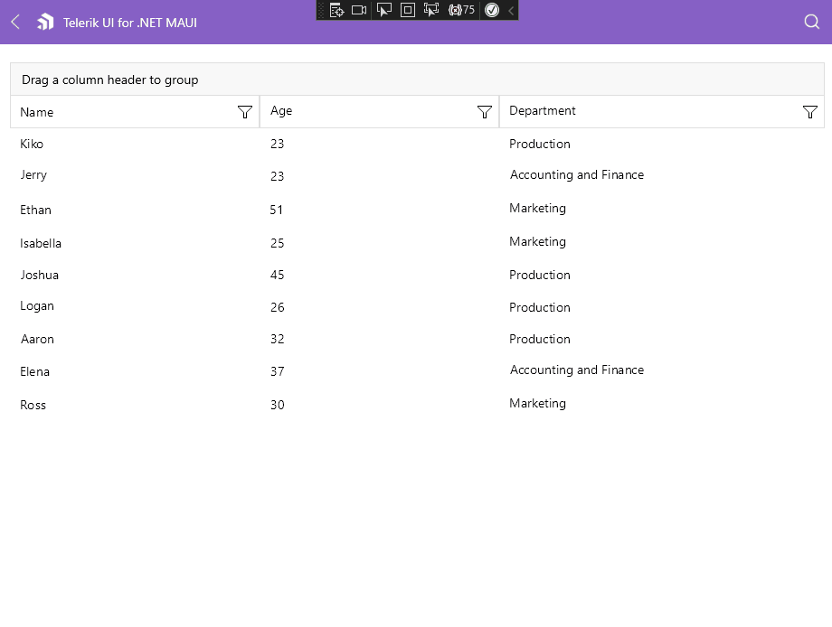 User chooses the grouping order by dragging column headers into the Group by control