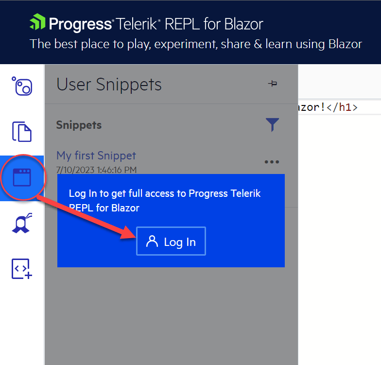 The User Snippets panel showing a Log In button.