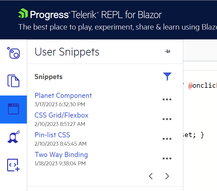 The User Library panel displaying saved snippets.