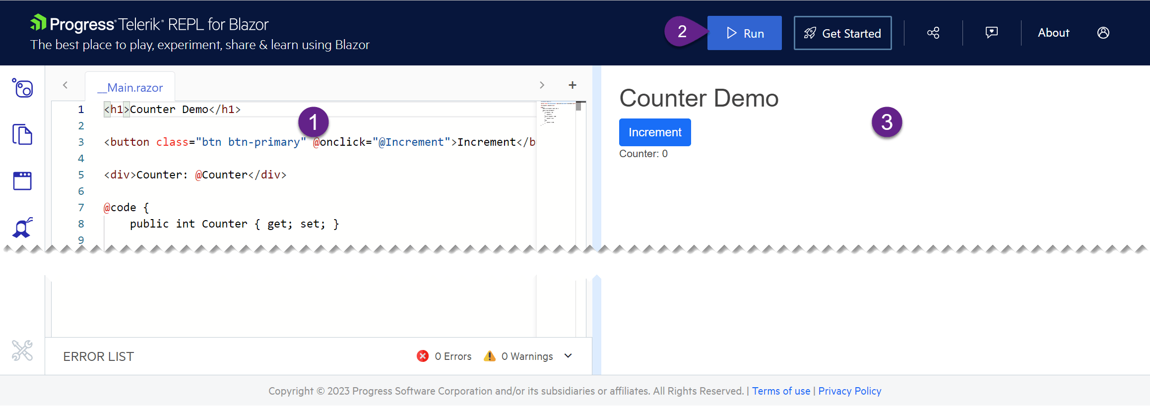 The Blazor REPL editor annotated: 1) Code Editor, 2) Run Button, 3) Code Running.