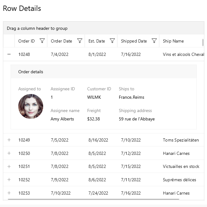 row details shows a nice layout of information for the selected row