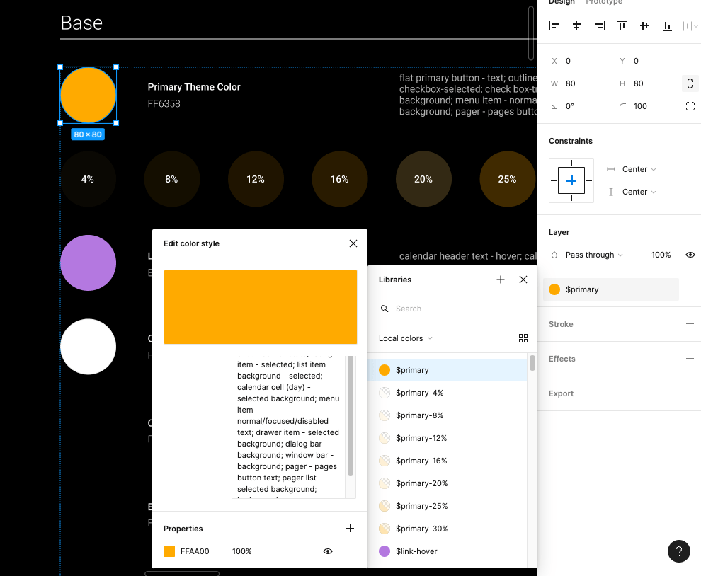 A screenshot of the design tokens panel open in the Kendo UI Figma Kit 