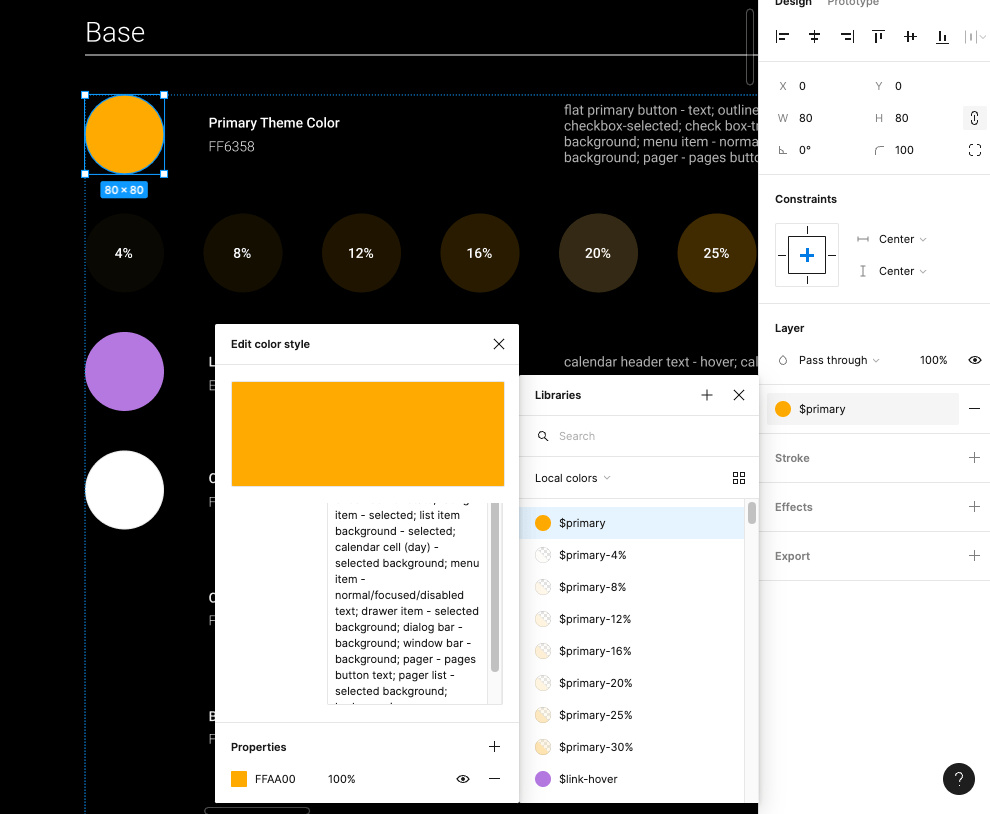 A screenshot of the design tokens panel open in the Kendo UI Figma Kit