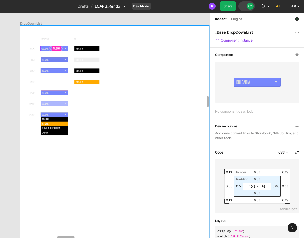 A screenshot of Figma in DevMode, inspecting a Kendo UI DropDownList component. 