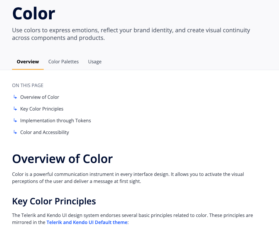 A screenshot form the Design System documentation showing introductory information about color usage in user interfaces