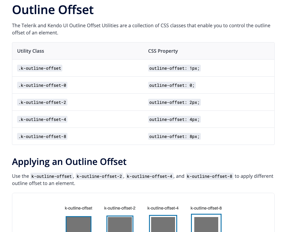 A screenshot form the Design System documentation showing a table with outline offset CSS utility classes and their equivalent CSS properties. 