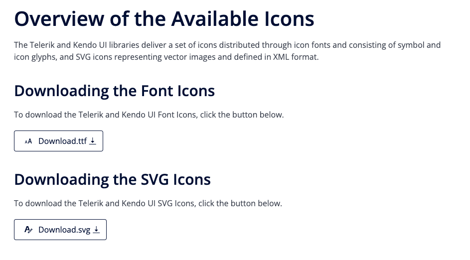 A screenshot form the Design System documentation showing download options for both the font and SVG icon libraries