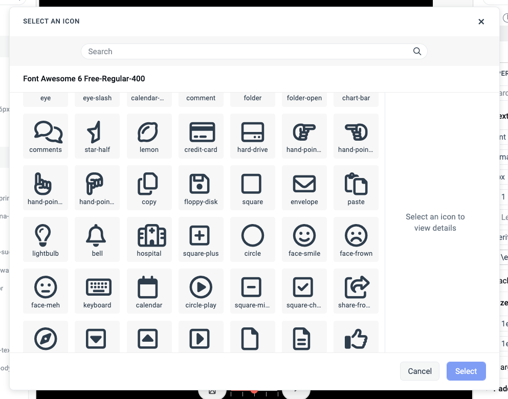 A screenshot of the icon selection modal in the ThemeBuilder 