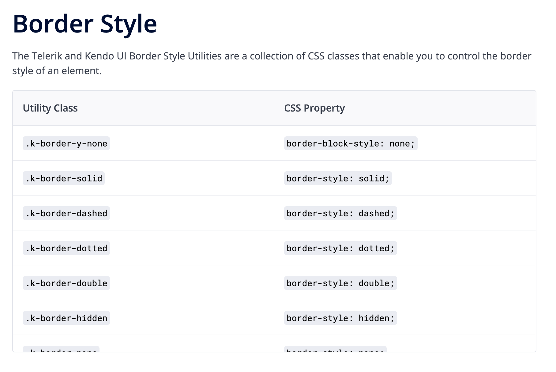 Some of the border style CSS utility classes defined by the Kendo UI CSS Utility 