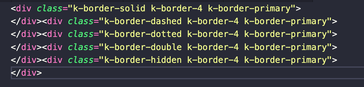 An example of several border-related CSS utility classes applied to HTML code. 