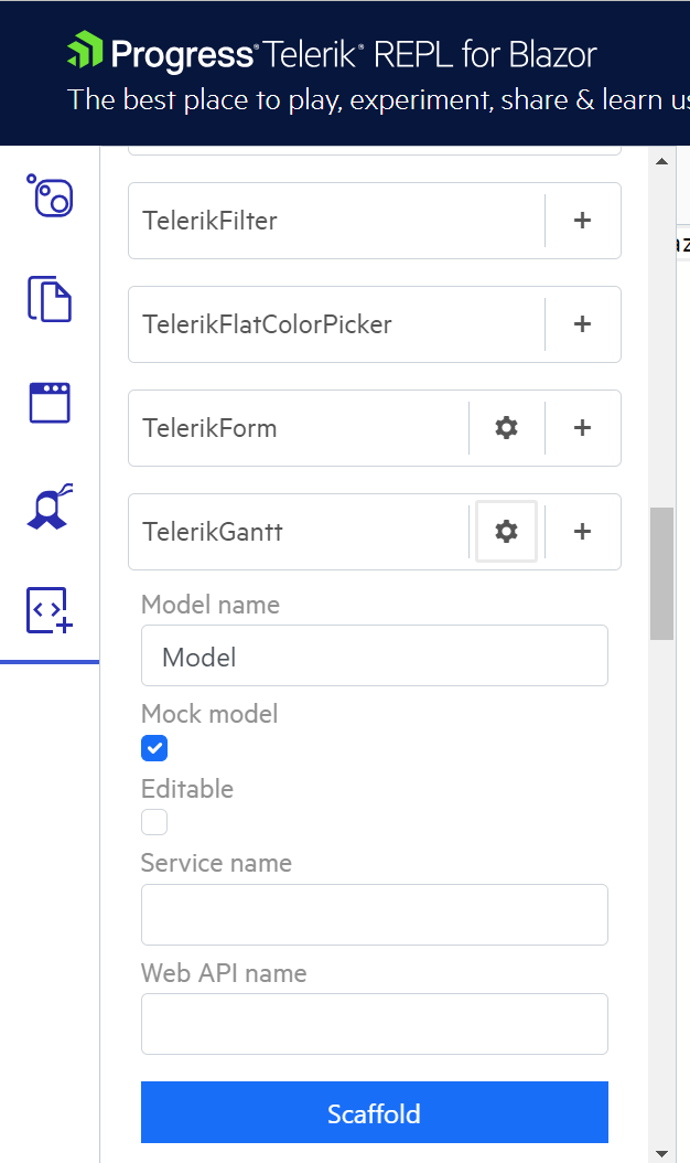 The Telerik REPL scaffolding menu. Scaffolding a gantt chart