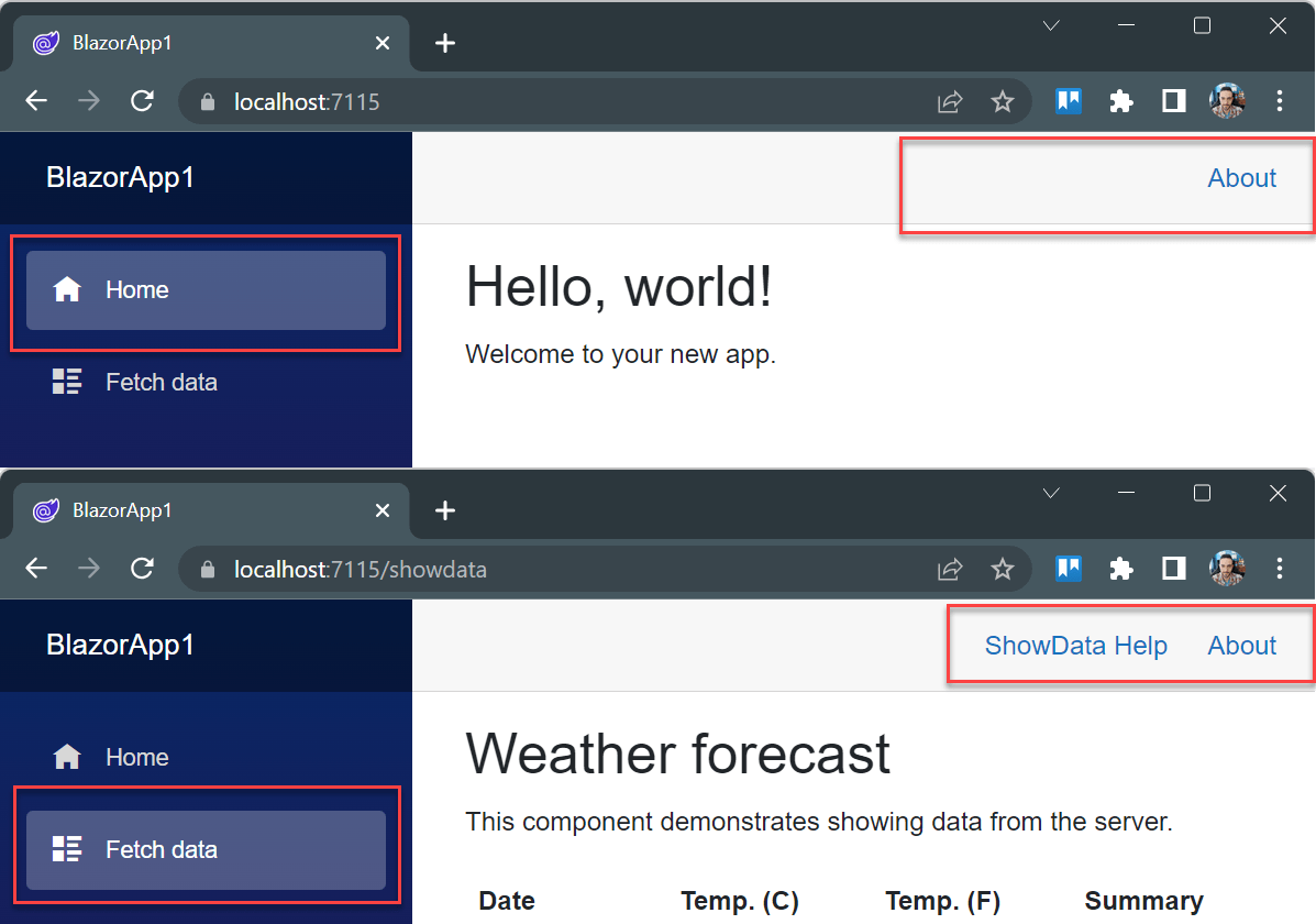 A Blazor application shown in two frames. The first frame shows the Home page with an About link menu item. The second frame shows the ShowData page with the ShowData Help and About links.