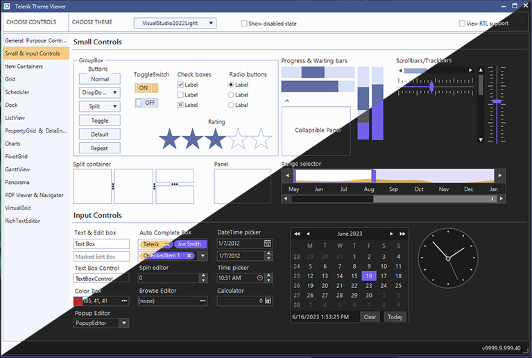 VisualStudio2022Dark and VisualStudio2022 light mode contrasted in diagonal halves of a theme viewer window