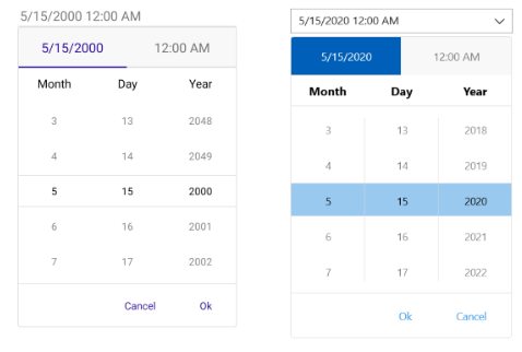 A screenshot of the Telerik DateTimePicker component, in an interaction state where the user is allowed to manually input a date via several scrolling wheels for Month, Day, and Year.