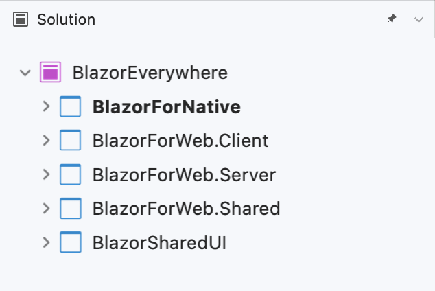 Finder menu for Solution has BlazorEverywhere with entries below it for BlazorForNative which is bolded, BlazorForWeb.Client, BlazorForWeb.Server, BlazorForWeb.Shared, BlazorSharedUI