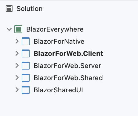 BlazorEverywhere has BlazorForWeb.Client, BlazorForWeb.Server, BlazorForWeb.Shared, BlazorForNative, and BlazorSharedUI