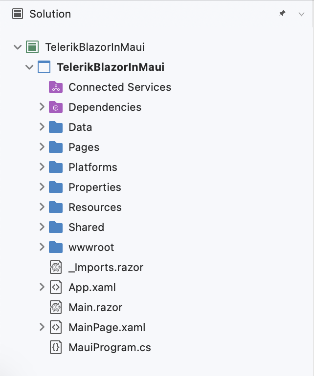 Project menu for TelerikBlazorInMaui includes Pages, Shared and wwwroot folders 