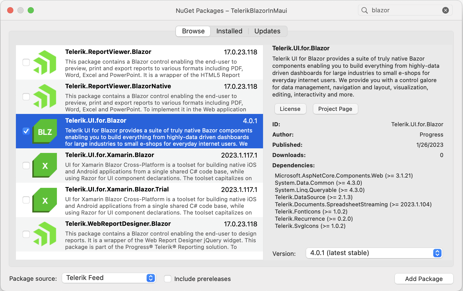 Telerik UI for Blazor NuGet 