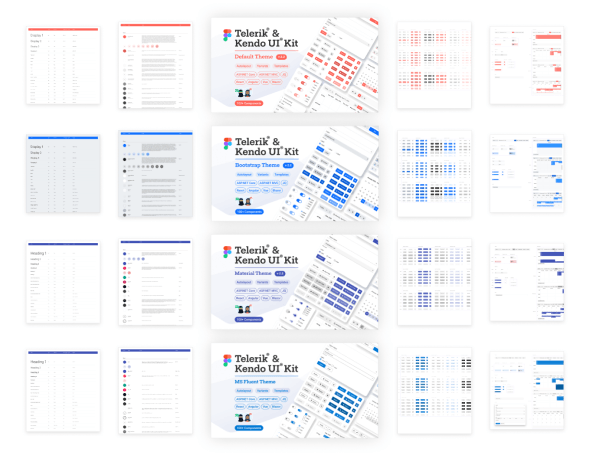 A compilation view of all available Telerik & Kendo UI Figma Kit theme varieties 