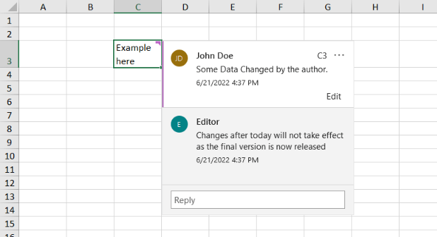 Comment reply Comment reply shows Editor responding to John Doe, timestamp and message 'Changes after today will not take effect as the final version is now released'